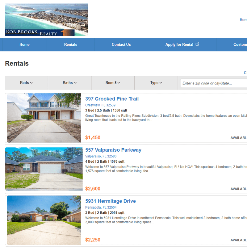 screenshot of rentals listed on robbrooksrealty.com